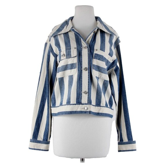 Current Elliott $348 The Sammy Sz 3 Cream Blue Striped 100% Cotton Jacket - Picture 1 of 16